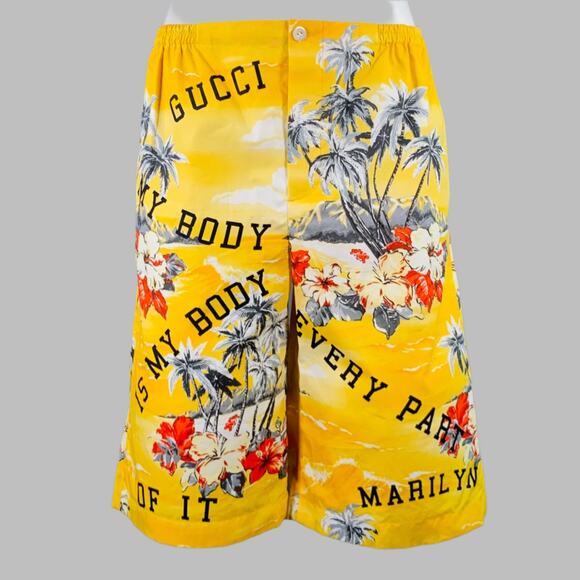 GUCCI Size 30 Yellow Multi Color Hawaiian Cotton Bermuda Shorts - Picture 1 of 5